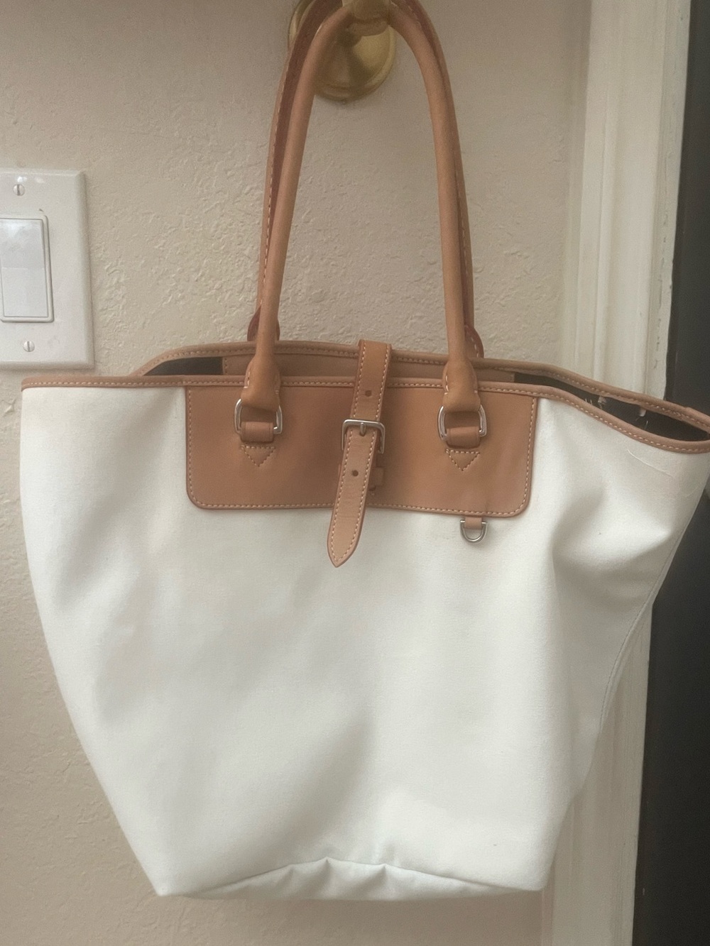 Dooney Canvas Tote Bag with Tan Leather Trim